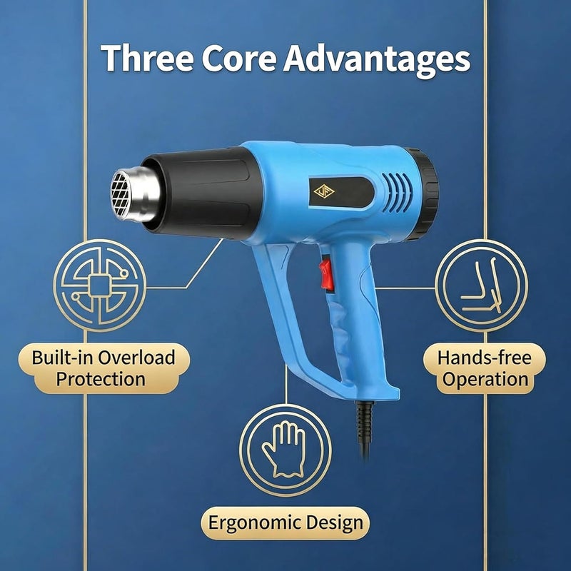 Moonmen Heat Gun, 1600W Adjustable Hot Air Gun Kit with Temperature Control and 4 Nozzles Heat Blower Electric for Shrinking PVC,Stripping Paint, Crafts (Blue) - Image 3