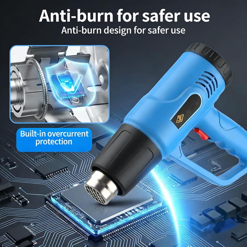 Moonmen Heat Gun, 1600W Adjustable Hot Air Gun Kit with Temperature Control and 4 Nozzles Heat Blower Electric for Shrinking PVC,Stripping Paint, Crafts (Blue) - Image 2