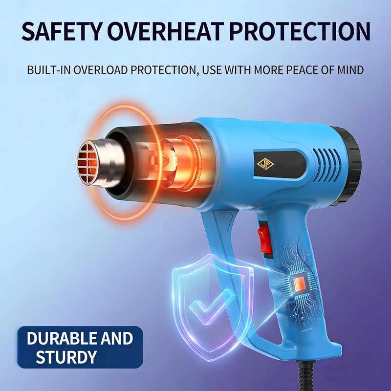 Moonmen Heat Gun, 1600W Adjustable Hot Air Gun Kit with Temperature Control and 4 Nozzles Heat Blower Electric for Shrinking PVC,Stripping Paint, Crafts (Blue) - Image 5
