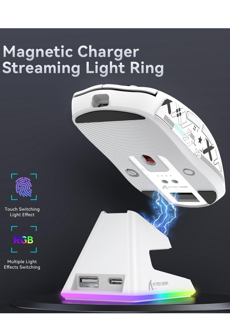 X6 49g Superlight Wireless Gaming Mouse with Magnetic RGB Charging Dock, BT/2.4GHz Wireless/Wired Mouse, PixArt PAW3395 Sensor, 26000DPI, Griptape, 200Hrs Battery for Win/Mac (White）