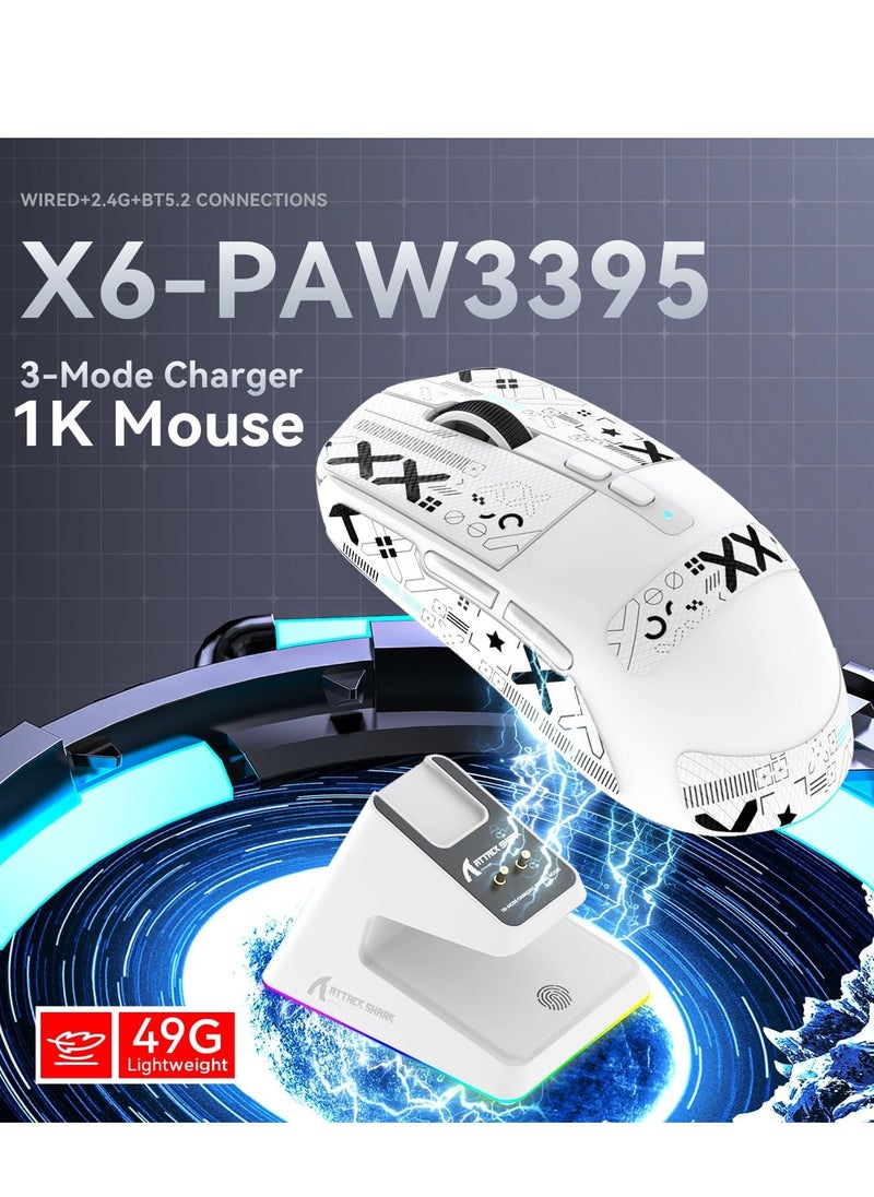 X6 49g Superlight Wireless Gaming Mouse with Magnetic RGB Charging Dock, BT/2.4GHz Wireless/Wired Mouse, PixArt PAW3395 Sensor, 26000DPI, Griptape, 200Hrs Battery for Win/Mac (White）