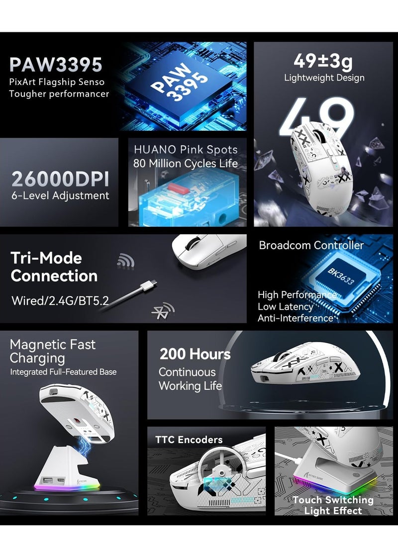 X6 49g Superlight Wireless Gaming Mouse with Magnetic RGB Charging Dock, BT/2.4GHz Wireless/Wired Mouse, PixArt PAW3395 Sensor, 26000DPI, Griptape, 200Hrs Battery for Win/Mac (White）
