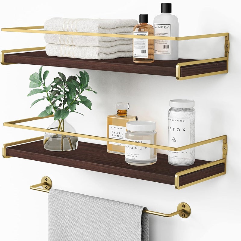 Forbena Floating Shelves Bathroom Shelves Over Toilet Set of 2, Bathroom Wall Shelves with Towel Bar, Wall Mounted Vanity Shelf for Bedroom, Kids Room, Kitchen (Brown & Gold) - Image 1