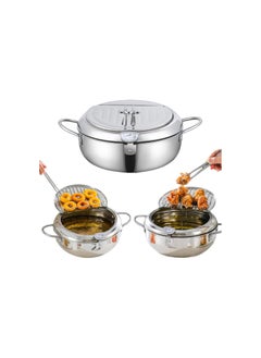 Generic Japanese Deep Fryer Pot - 2.2L/3.4L/4.2L, Japanese Deep Fryer 304 Stainless Steel Frying Pot with Thermometer Gauge and Oil Drip Drainer Rack (Silver,3.4L)  - Image 1