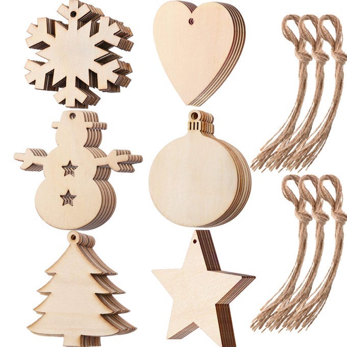 60 PIECES WOODEN CUTOUTS CHRISTMAS WOOD ORNAMENTS STAR CHRISTMAS TREE SNOWFLAKE SNOWMAN CHRISTMAS WOODEN HANGING ORNAMENTS WITH 60 PIECES ROPES FOR EMBELLISHMENTS WEDDING DIY CRAFT