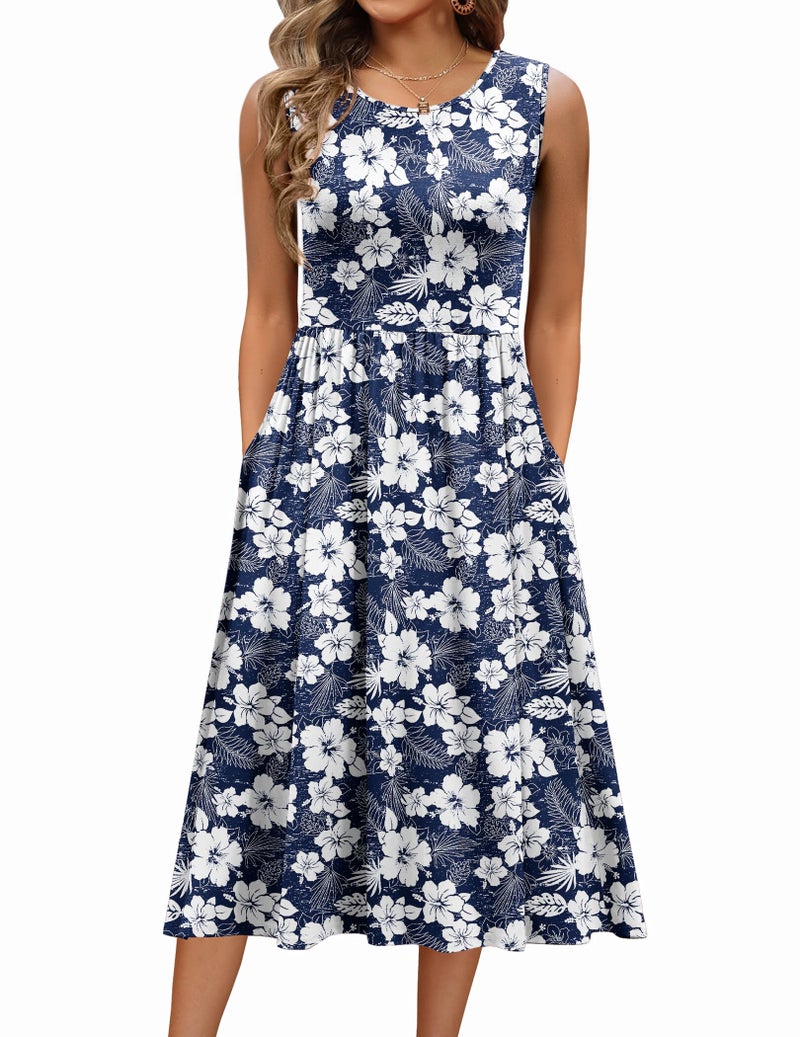 Zeagoo Womens Dress Summer Sleeveless Boho Beach Vocation Travel Hawaiian Sundress Aline Flowy Loose Sleeveless T-Shirt Tank Midi Floral Dresses - Image 1