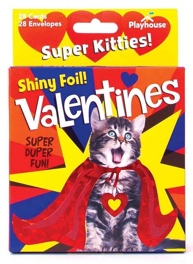 Playhouse Super Hero Kitty Shiny Foil 28 Card Valentine Exchange Box with Envelopes for Kids - Image 1