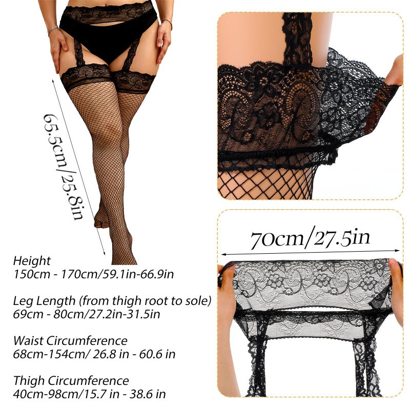 Quilax Thigh High Stockings Plus Size, Lace Top Plus Size Fishnet Stockings for Women, Suspender Pantyhose Thigh Highs Fishnet for Curvy Women, Large Valentine's Day Dress (Black) - Image 2