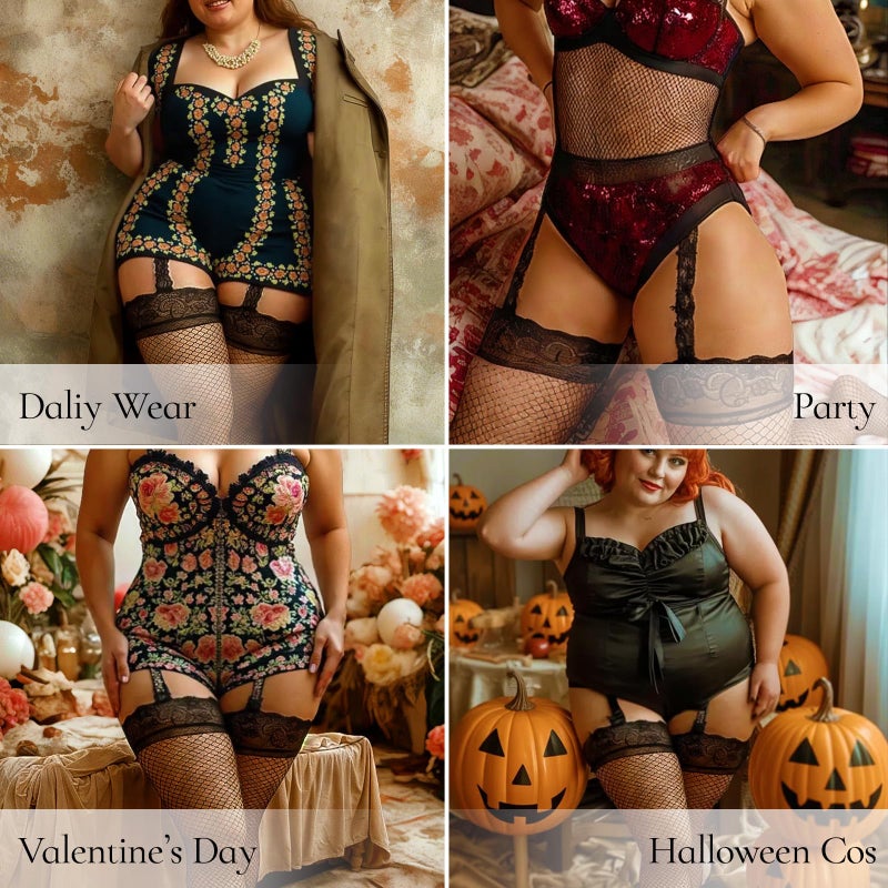 Quilax Thigh High Stockings Plus Size, Lace Top Plus Size Fishnet Stockings for Women, Suspender Pantyhose Thigh Highs Fishnet for Curvy Women, Large Valentine's Day Dress (Black) - Image 4