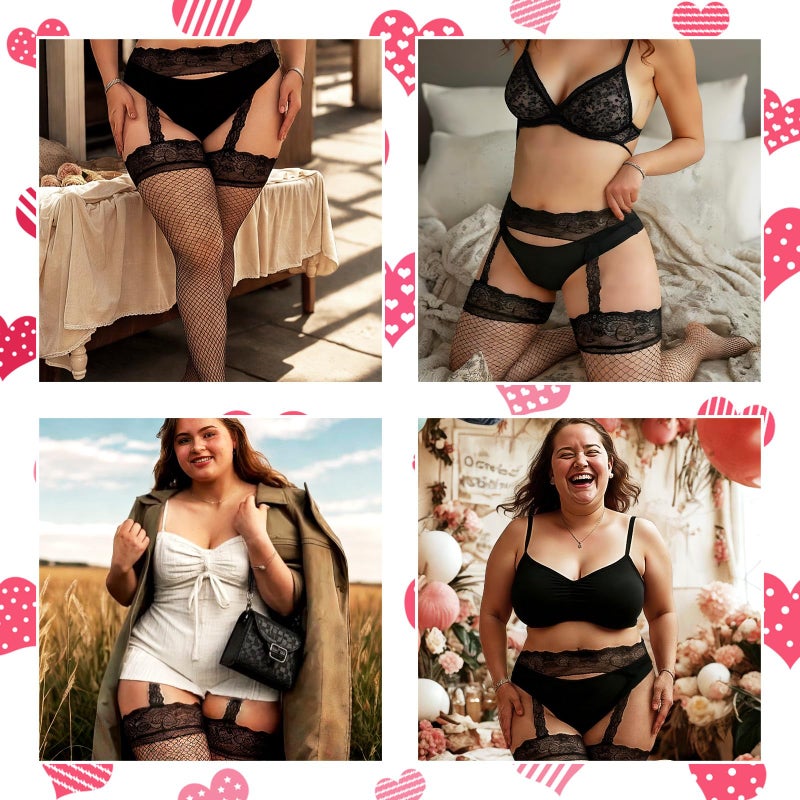 Quilax Thigh High Stockings Plus Size, Lace Top Plus Size Fishnet Stockings for Women, Suspender Pantyhose Thigh Highs Fishnet for Curvy Women, Large Valentine's Day Dress (Black) - Image 5
