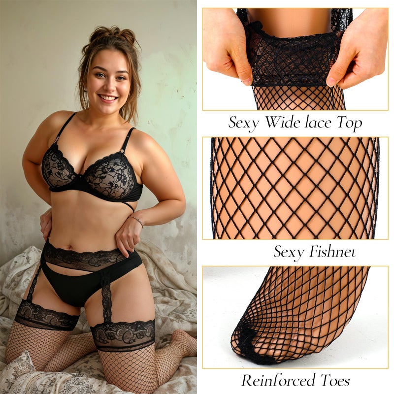 Quilax Thigh High Stockings Plus Size, Lace Top Plus Size Fishnet Stockings for Women, Suspender Pantyhose Thigh Highs Fishnet for Curvy Women, Large Valentine's Day Dress (Black) - Image 3