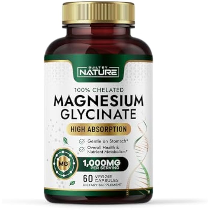 Built By Nature Magnesium Glycinate 1000mg – High Absorption Magnesium Supplement – 100% Chelated, Gentle on Stomach - Muscle, Heart, Bone & Relaxation Support - Non-GMO, Vegan - 60 Capsules - Image 1
