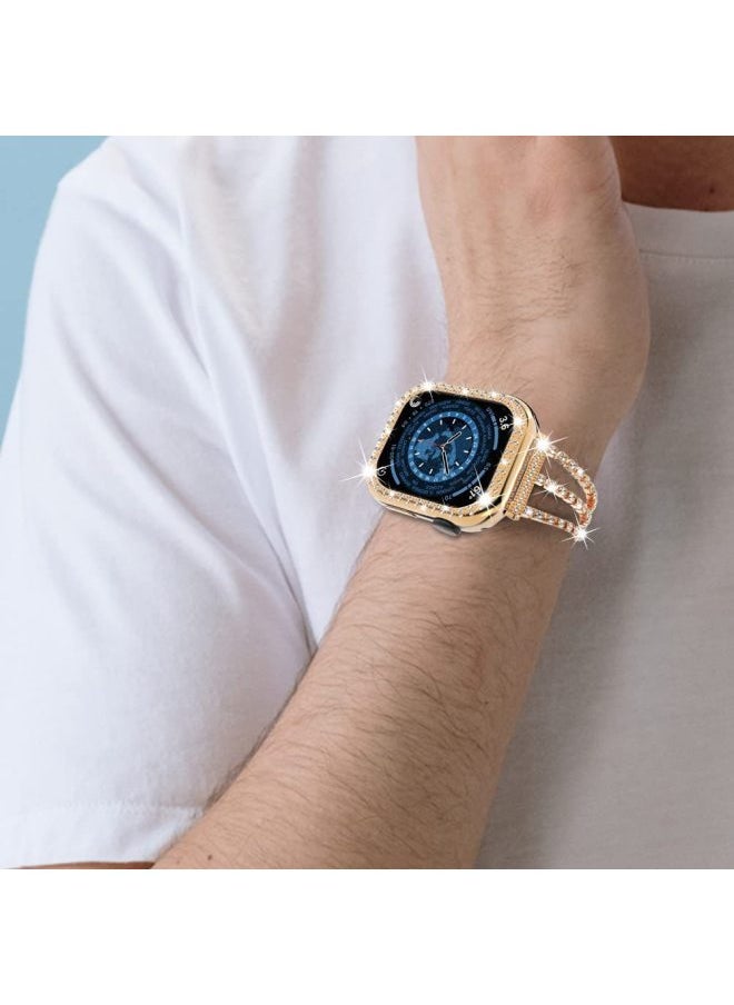 Metal Three-Chain Embedded Diamond Alloy Watch Band For Apple Watch Fashionable Strap Compatible With Multiple Generations-Color:42/44/45/49mm Rose Gold