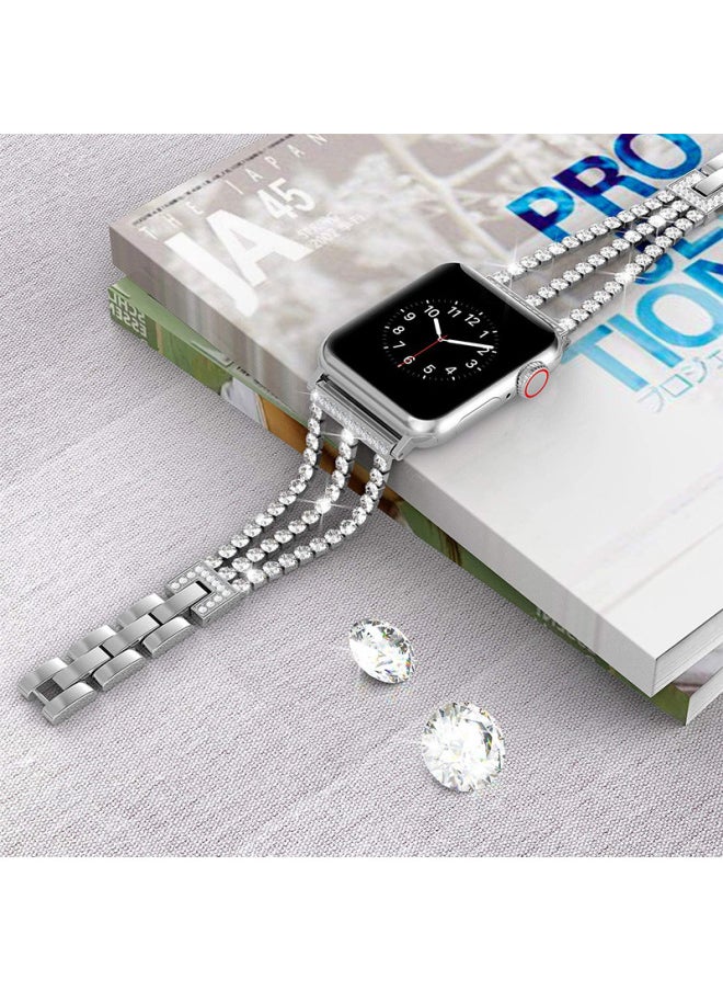 Metal Three-Chain Embedded Diamond Alloy Watch Band For Apple Watch Fashionable Strap Compatible With Multiple Generations-Color:42/44/45/49mm Rose Gold