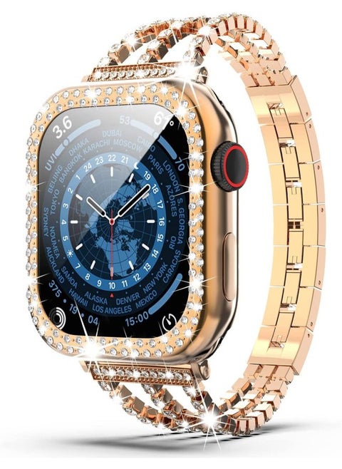 Metal Three-Chain Embedded Diamond Alloy Watch Band For Apple Watch Fashionable Strap Compatible With Multiple Generations-Color:42/44/45/49mm Rose Gold