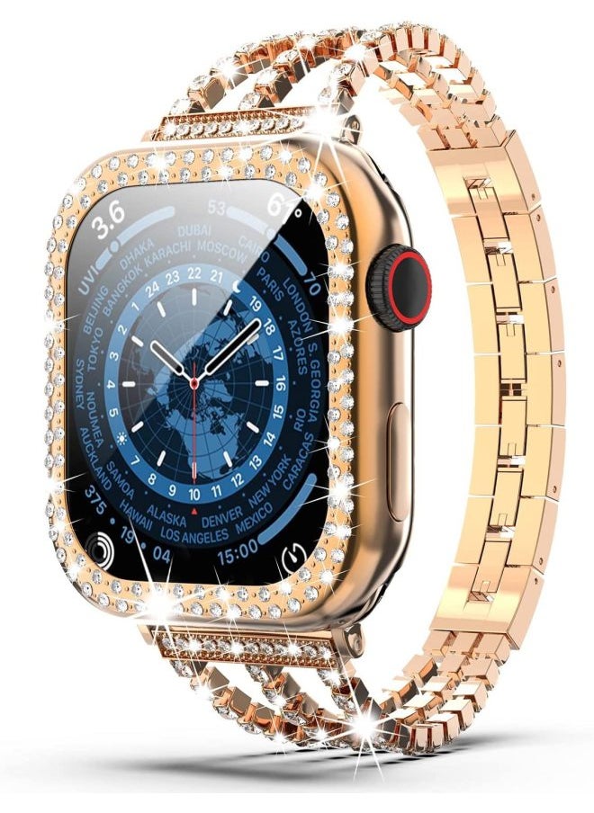 Metal Three-Chain Embedded Diamond Alloy Watch Band For Apple Watch Fashionable Strap Compatible With Multiple Generations-Color:42/44/45/49mm Rose Gold