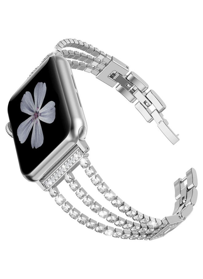 Metal Three-Chain Embedded Diamond Alloy Watch Band For Apple Watch Fashionable Strap Compatible With Multiple Generations-Color:42/44/45/49mm Rose Gold