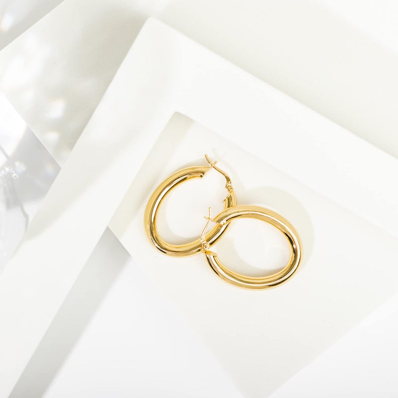 PAVOI 14K Gold Plated 925 Sterling Silver Post Monet Oval Chunky Lightweight Hoop Earrings for Women in Yellow Gold - Image 3