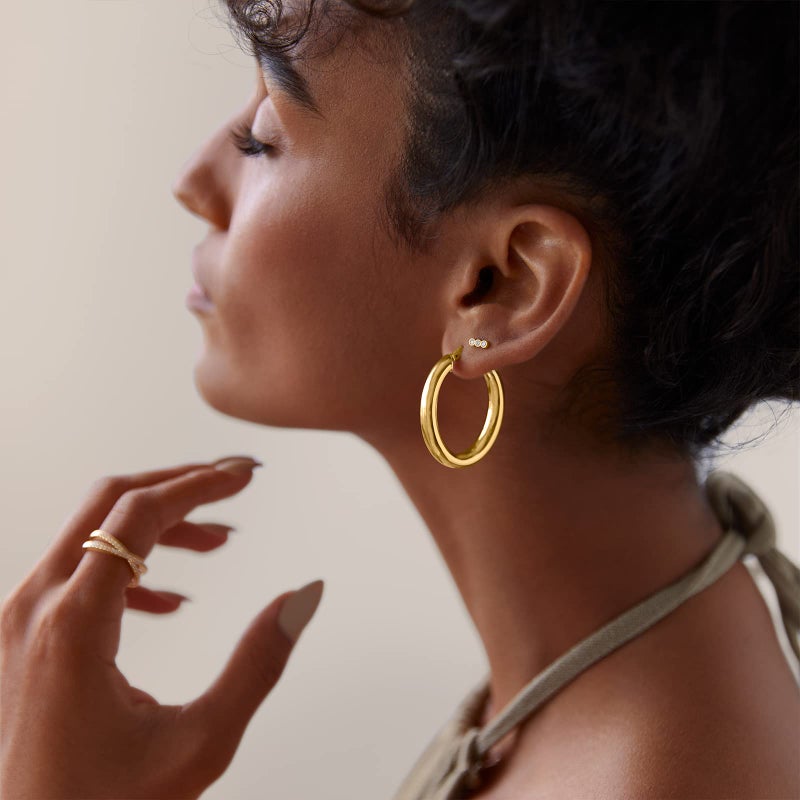 PAVOI 14K Gold Plated 925 Sterling Silver Post Monet Oval Chunky Lightweight Hoop Earrings for Women in Yellow Gold - Image 2