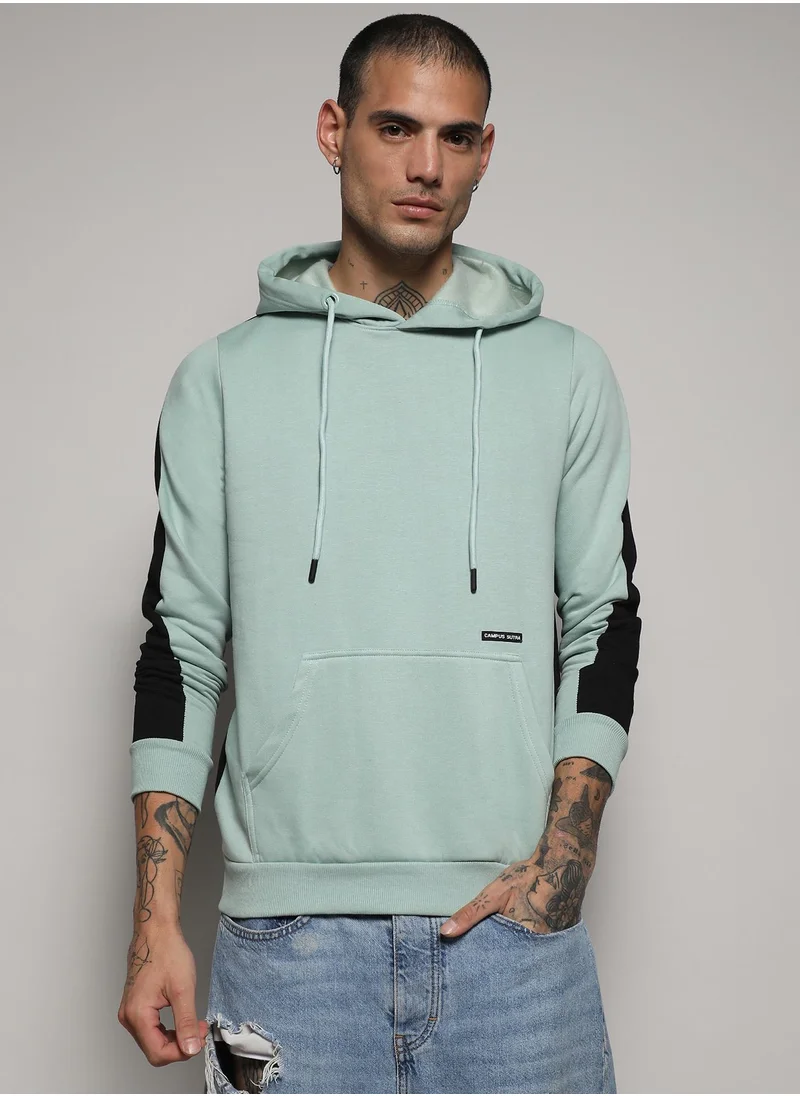 Campus Sutra Men's Sage Green Pullover Hoodie With Contrast Back