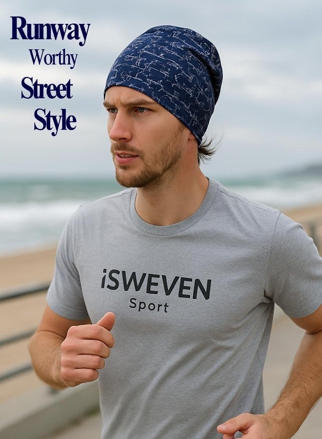 iSWEVEN Slouchy Beanie Cap for Men & Women | Lightweight Stretchable Headwrap | Unisex Ponytail-Friendly Beanie for Jogging, Running, Outdoor & Winter Use (Blue, BC7013B) - Image 3