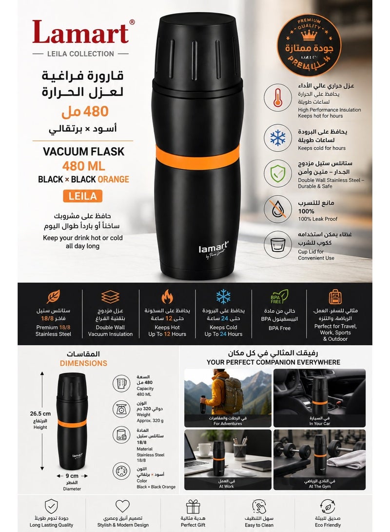 Lamart Vacuum Flask High Quality Stainless Steel Black/Orange - Image 2