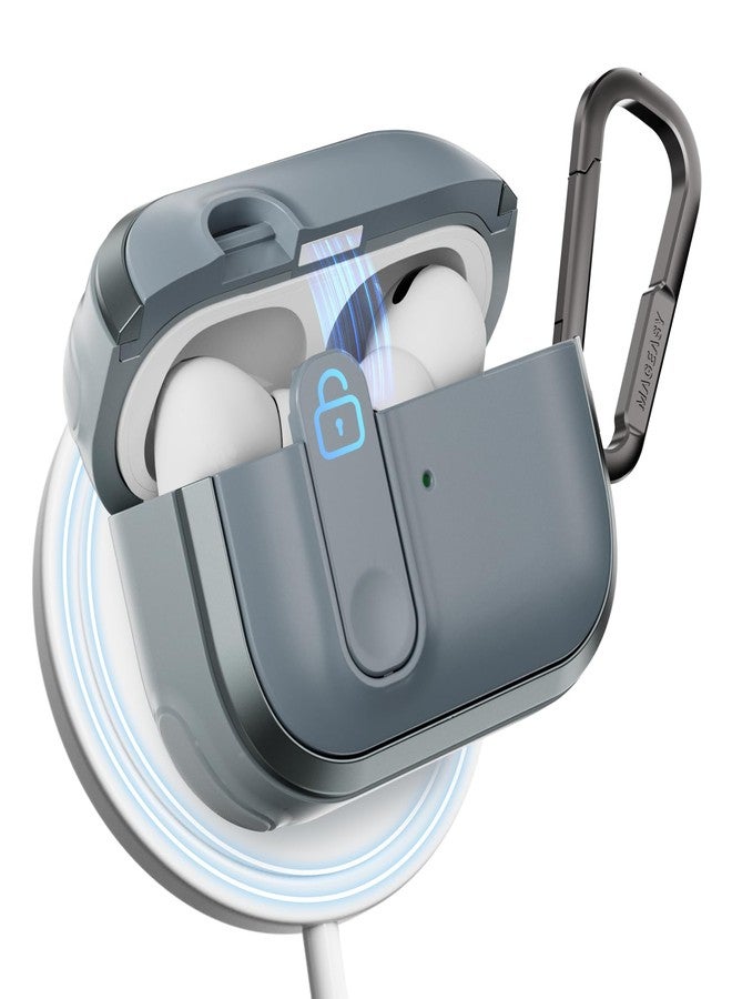 MAGEASY Design for AirPods Pro 2 Case Cover - Rugged AirPods Pro Case with Lock | Work with Cable, Official Apple Watch & MagSafe Charging | Include Carabiner - Odyssey, Metal Blue Gray - Image 1