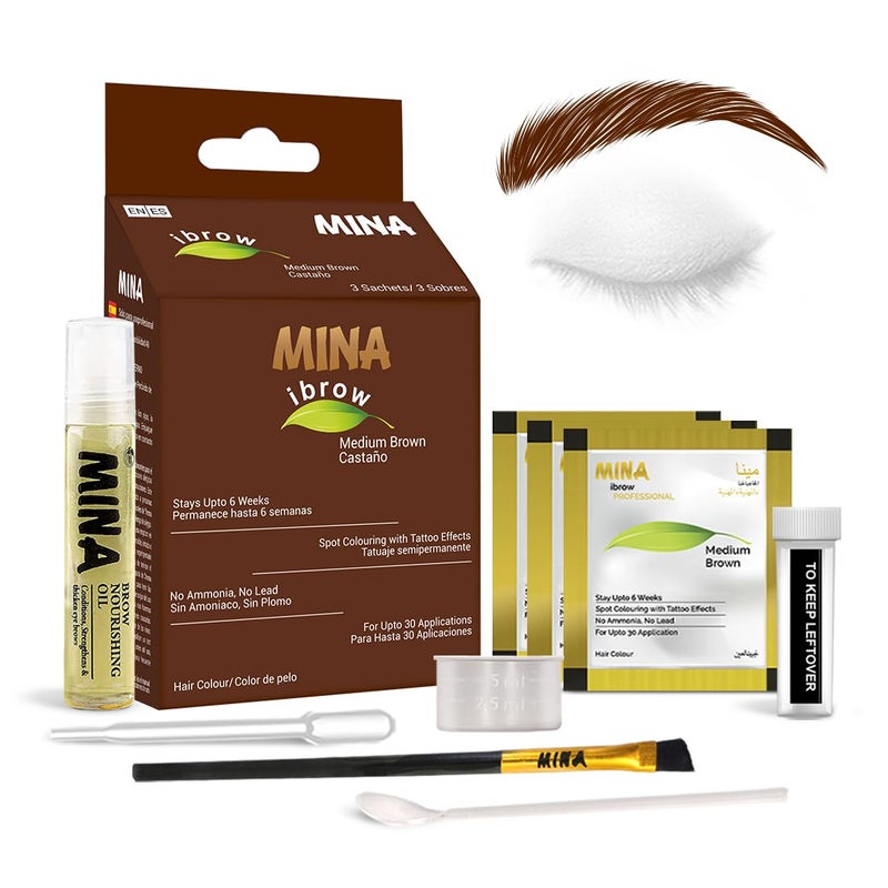 MinaiBrow MinaiBrow Tint Kit (Medium Brown) - Natural Spot Coloring Brow Tinting Powder with Oil & Brush - Water & Smudge Proof Instant Brow Dye Kit - 100% Gray Converge - Vegan and Cruelty-Free 