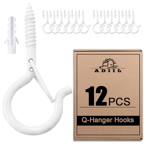 ADIIL 12 PCS Q Hanger Hooks with Safety Buckle, Windproof Screw Hooks for Hanging Outdoor String Lights, Plants, Christmas Patio Lights, 2.2 Inches, White - Image 1