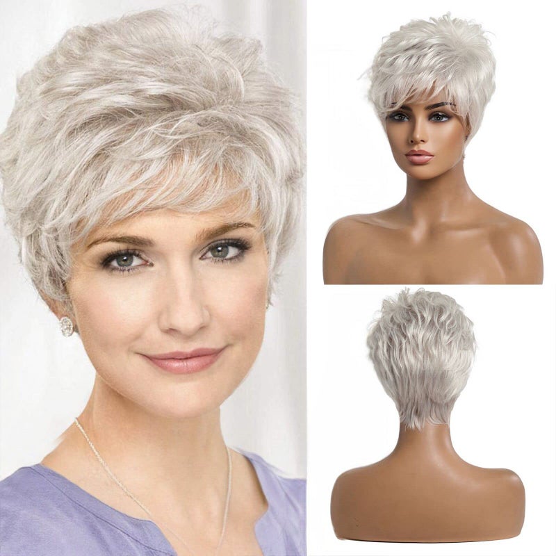 EMMOR Short Silver Grey Human Hair Wigs for Women Blend Pixie Cut Wig With BangNatural Daily Use Hair Color 101