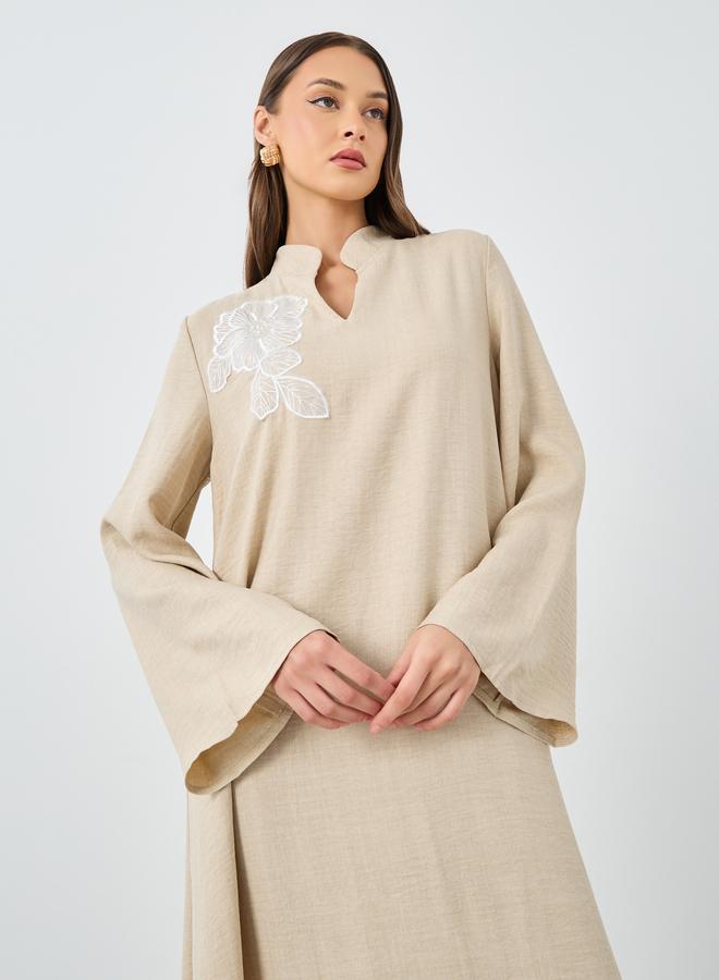 Styli Women Beige Collared Jalabiya with Floral Patch - Image 3