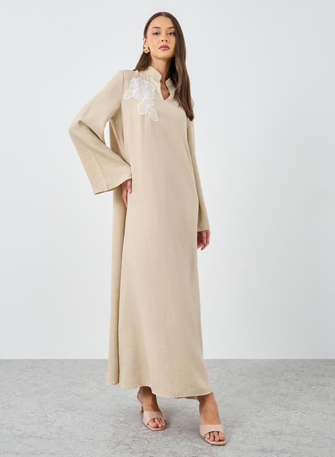 Styli Women Beige Collared Jalabiya with Floral Patch - Image 1