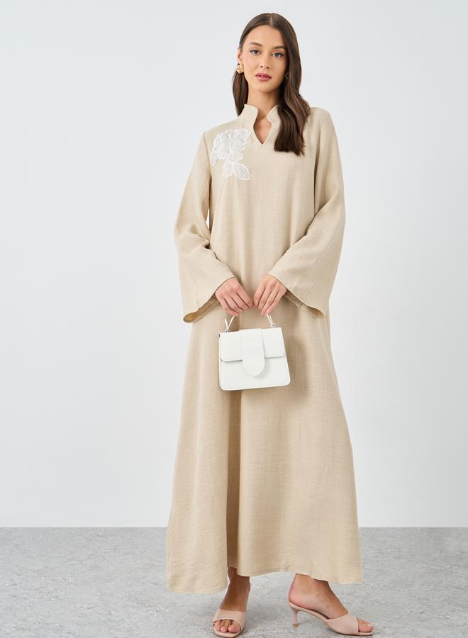 Styli Women Beige Collared Jalabiya with Floral Patch - Image 2