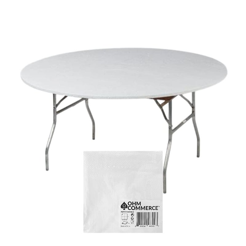 KwikCovers 72 Round White Plastic Table Covers Bundle of 5 with Seventy 70 Ohm Commerce Paper Napkins  Indoor or Outdoor Fitted Table Covers Table NOT Included