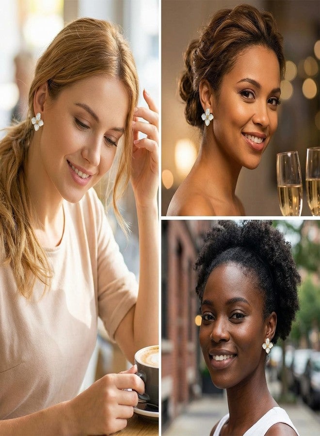 Novearring أقراط زهور بيضاء للنساء، أقراط مرصعة بالمينا على شكل زهرة، أقراط بتلات زهور بيضاء، فساتين صيفية عصرية للنساء 2025 - Image 2