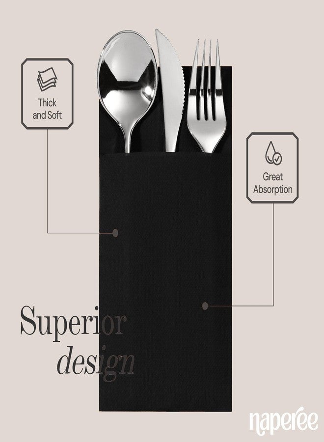 NAPEREE 100-Pack Disposable Napkins With Pocket For Flatware, Black Napkins Paper For Wedding, Dinner Or Party, Built-In Pocket For Silverware, Prefolded - Image 3