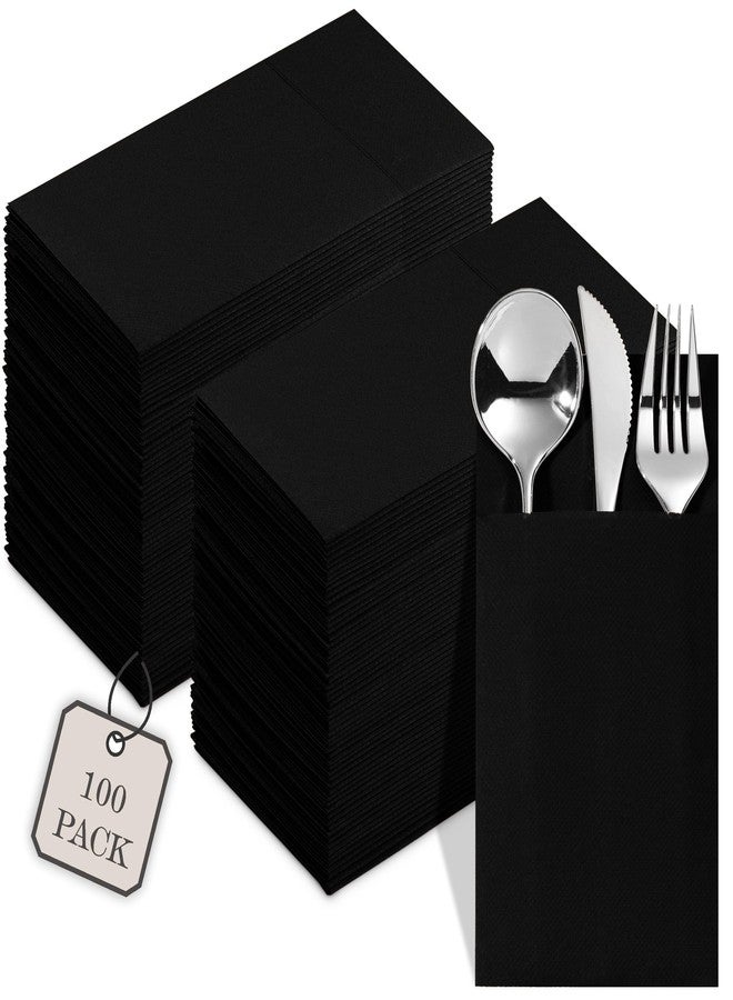 NAPEREE 100-Pack Disposable Napkins With Pocket For Flatware, Black Napkins Paper For Wedding, Dinner Or Party, Built-In Pocket For Silverware, Prefolded - Image 1