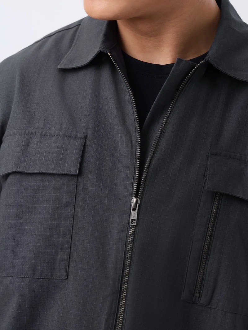 The Souled Store The Souled Store: Thundercloud Men and Boys Short Sleeve Spread Collar Dark Grey Solid Cotton Oversized Shirt