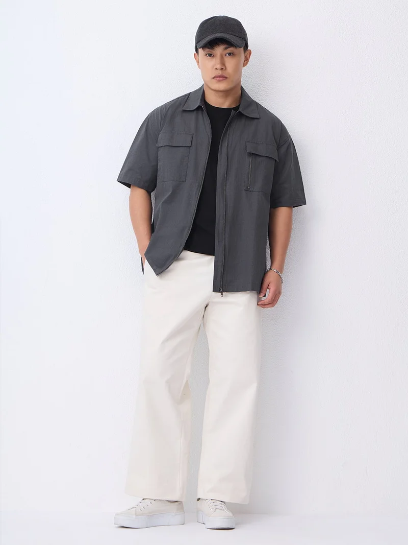 The Souled Store  The Souled Store: Thundercloud Men and Boys Short Sleeve Spread Collar Dark Grey Solid Cotton Oversized Shirt  | Best Price UAE