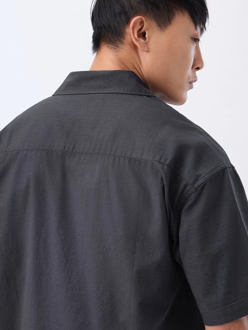 The Souled Store  The Souled Store: Thundercloud Men and Boys Short Sleeve Spread Collar Dark Grey Solid Cotton Oversized Shirt  | Best Price UAE
