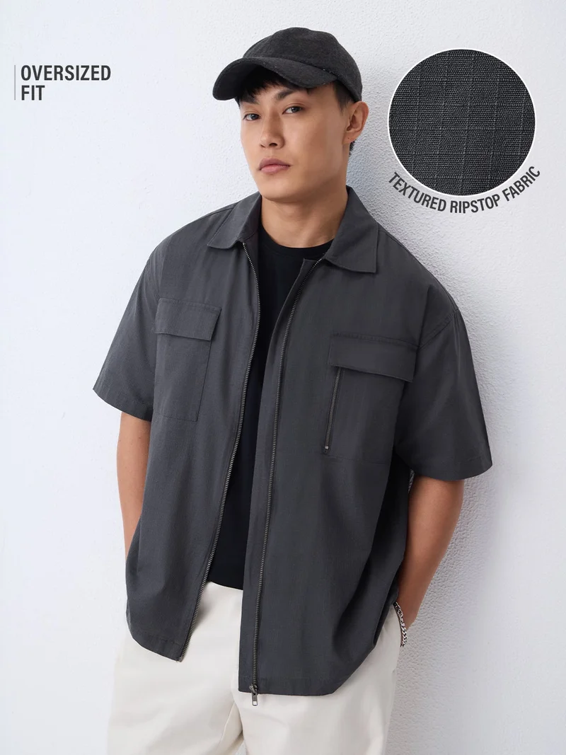 The Souled Store  The Souled Store: Thundercloud Men and Boys Short Sleeve Spread Collar Dark Grey Solid Cotton Oversized Shirt  | Best Price UAE