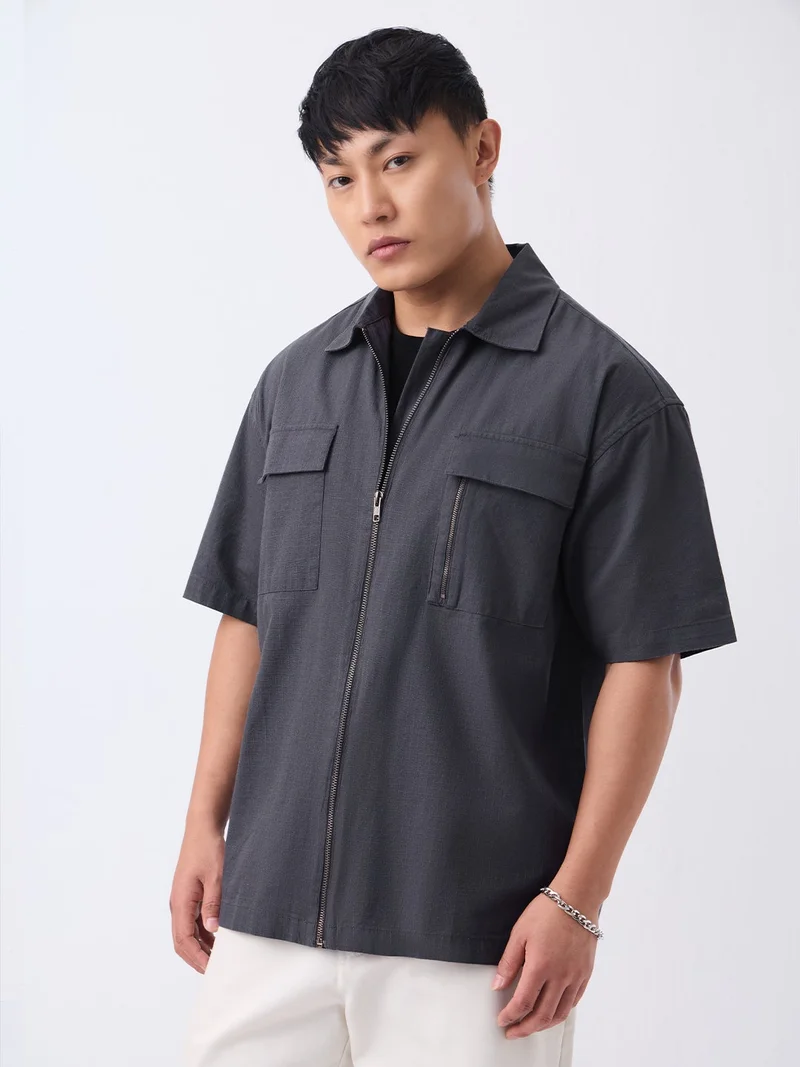 The Souled Store The Souled Store: Thundercloud Men and Boys Short Sleeve Spread Collar Dark Grey Solid Cotton Oversized Shirt