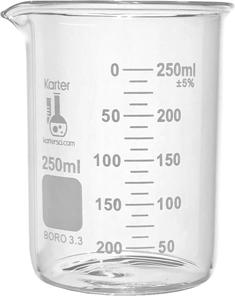 Karter Scientific 250ml Low Form Griffin Beaker - Pack of 12, Borosilicate 3.3 Glass, Double Scale Graduated - Image 3