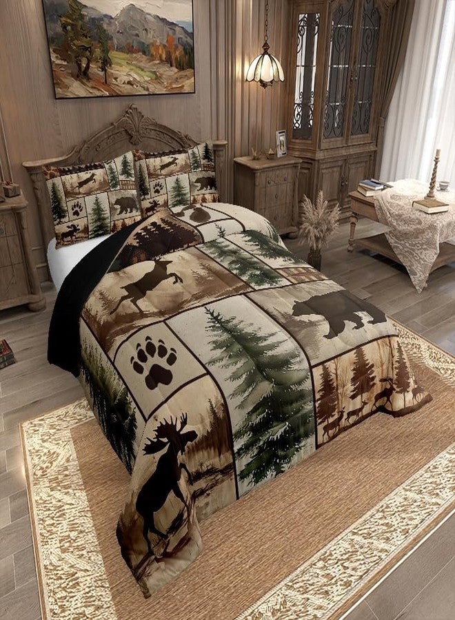 Feelyou طقم لحاف Feelyou Western Rustic Bear Deer، مقاس كينج، حشوة لحاف ريفية، طقم مفروشات ريفي، لحاف مرقع برسومات حيوانات الغابة والصيد، غطاءا وسادة - Image 2