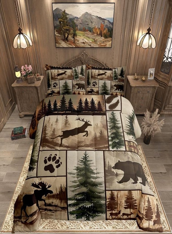 Feelyou طقم لحاف Feelyou Western Rustic Bear Deer، مقاس كينج، حشوة لحاف ريفية، طقم مفروشات ريفي، لحاف مرقع برسومات حيوانات الغابة والصيد، غطاءا وسادة - Image 1