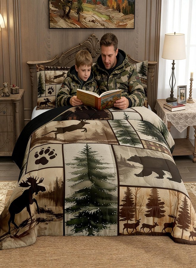 Feelyou طقم لحاف Feelyou Western Rustic Bear Deer، مقاس كينج، حشوة لحاف ريفية، طقم مفروشات ريفي، لحاف مرقع برسومات حيوانات الغابة والصيد، غطاءا وسادة - Image 5