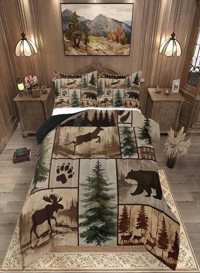 Feelyou طقم لحاف Feelyou Western Rustic Bear Deer، مقاس كينج، حشوة لحاف ريفية، طقم مفروشات ريفي، لحاف مرقع برسومات حيوانات الغابة والصيد، غطاءا وسادة - Image 3
