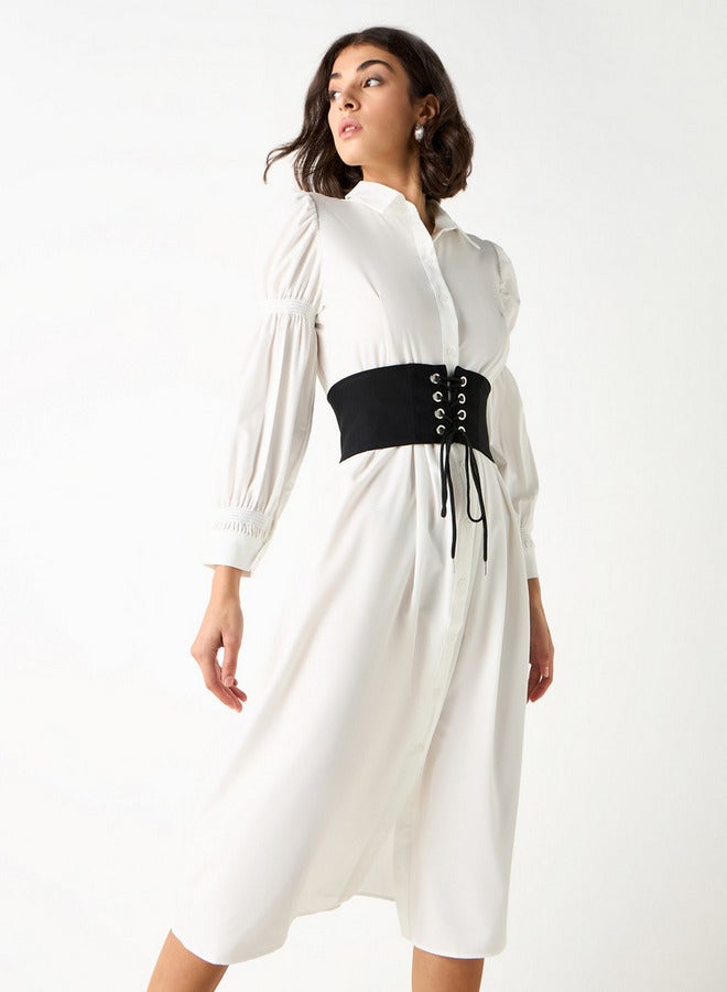 2Xtremz Midi Shirt Dress with Puff Sleeves and Corset Belt - Image 1