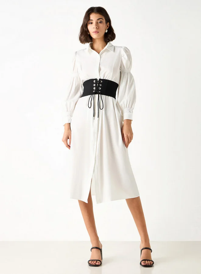 2Xtremz 2Xtremz Midi Shirt Dress with Puff Sleeves and Corset Belt