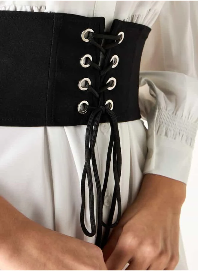 2Xtremz 2Xtremz Midi Shirt Dress with Puff Sleeves and Corset Belt